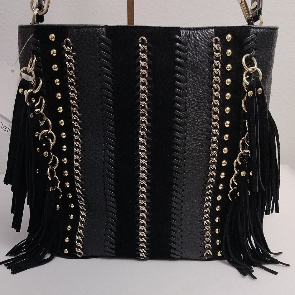 Calvin Klein L-Lynn Leather Fringe Chainlink Whipstitch Women's Hobo Handbag NWT